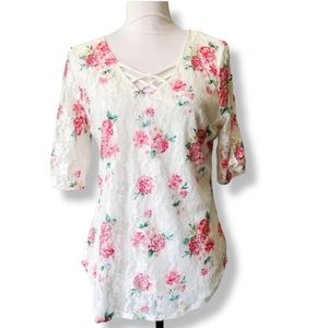Boutique white lace up pink floral flutter sleeve double layer blouse top L